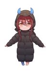  &gt;:) 1girl bangs barefoot black_jacket blue_legwear blush brown_eyes brown_hair chibi closed_mouth crescent_print eyebrows_visible_through_hair fake_horns full_body hair_between_eyes hood hood_up hooded_jacket horned_hood idolmaster idolmaster_shiny_colors jacket kuri_choko long_hair long_sleeves no_shoes oosaki_tenka print_legwear puffy_long_sleeves puffy_sleeves simple_background single_sock sleeves_past_wrists smile socks solo standing star star_print v-shaped_eyebrows white_background 