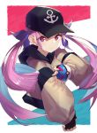  1girl anchor_symbol drill_hair earrings fingerless_gloves gloves great_ball hair_ribbon hat highres hitokuchii holding holding_poke_ball hololive jacket jewelry long_hair looking_at_viewer minato_aqua multicolored_hair poke_ball pokemon pokemon_(game) portrait purple_hair ribbon serious simple_background solo twin_drills two-tone_hair violet_eyes virtual_youtuber 