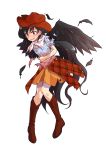  1girl alphes_(style) black_hair black_wings boots brown_footwear brown_headwear cowboy_hat dairi eyebrows_visible_through_hair feathered_wings feathers full_body hand_on_own_stomach hat highres horse_tail kurokoma_saki long_hair looking_at_viewer navel neckerchief open_mouth orange_skirt parody ponytail puffy_short_sleeves puffy_sleeves red_eyes shiny shiny_hair shirt short_sleeves skirt solo style_parody tachi-e tail tears torn_clothes torn_shirt torn_skirt touhou transparent_background very_long_hair white_neckwear wings 