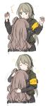  2girls absurdres armband brown_hair closed_eyes closed_mouth english_commentary girls_frontline grey_hair hair_ribbon highres hinagi_(fox_priest) hug jacket long_hair long_sleeves multiple_girls mutual_hug one_side_up ribbon simple_background star star-shaped_pupils symbol-shaped_pupils ump40_(girls_frontline) ump45_(girls_frontline) white_background 