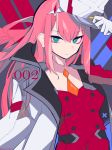  1girl absurdres aqua_eyes breasts coat darling_in_the_franxx eyeliner gloves hairband hat highres kania long_hair looking_at_viewer makeup necktie pink_hair solo white_gloves zero_two_(darling_in_the_franxx) 