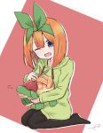  1girl ;d appletun bangs black_legwear blue_eyes blush brown_background collarbone commentary_request crossover drawstring eyebrows_behind_hair full_body gen_8_pokemon go-toubun_no_hanayome green_hoodie green_ribbon hair_between_eyes hair_ribbon highres hood hood_down hoodie hoodie_dress kujou_karasuma nakano_yotsuba no_shoes one_eye_closed open_mouth orange_hair pantyhose pokemon pokemon_(creature) pokemon_(game) pokemon_swsh ribbon signature sitting smile two-tone_background wariza white_background 