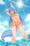  1girl animal_ear_fluff animal_ears arm_behind_head arm_up armpits bikini bikini_skirt blue_eyes blue_hair breasts clouds commission elin_(tera) fox_ears fox_tail from_below highres legs long_hair looking_down magic_circle navel sky small_breasts smile solo sun susukitten swimsuit tail tera_online thighs wading water yellow_bikini 