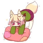  1girl all_fours animal_ear_fluff animal_ears bangs bell bell_collar blonde_hair blush brown_collar collar cushion eyebrows_visible_through_hair fox_ears fox_girl fox_tail full_body green_shirt hair_bun hair_ornament jingle_bell kemomimi-chan_(naga_u) long_hair long_sleeves naga_u no_shoes original patches pleated_skirt purple_skirt ribbon-trimmed_legwear ribbon_trim sailor_collar shadow shirt sidelocks skirt sleeves_past_fingers sleeves_past_wrists solo sparkle tail thigh-highs v-shaped_eyebrows violet_eyes white_background white_legwear white_sailor_collar 