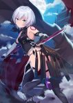  1girl ass bandaged_arm bandages bangs bare_shoulders black_gloves black_legwear black_panties dual_wielding eyebrows_visible_through_hair facial_scar fate/apocrypha fate/grand_order fate_(series) from_behind gloves green_eyes grey_hair highres holding jack_the_ripper_(fate/apocrypha) looking_at_viewer panties scar scar_across_eye scar_on_cheek short_hair single_glove solo tattoo thigh-highs underwear yongheng_zhi_wu 
