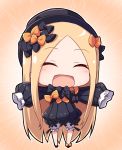  1girl :d ^_^ abigail_williams_(fate/grand_order) bangs black_bow black_dress black_footwear black_headwear blonde_hair bloomers blush bow bug butterfly chibi closed_eyes commentary_request dress eyebrows_visible_through_hair facing_viewer fate/grand_order fate_(series) forehead full_body hair_bow hat insect long_hair long_sleeves nenosame open_mouth orange_bow outstretched_arms parted_bangs polka_dot polka_dot_bow sleeves_past_fingers sleeves_past_wrists smile solo spread_arms standing underwear very_long_hair white_bloomers 
