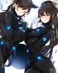  2girls animal_ears atago_(azur_lane) azur_lane black_bodysuit blush bodysuit breast_press breasts commentary_request cosplay eyebrows_visible_through_hair gantz gantz_suit hair_between_eyes highres large_breasts latex latex_bodysuit long_hair looking_at_viewer multiple_girls ponytail ribbon simple_background smile standing symmetrical_docking takao_(azur_lane) tomocha_(tmc_tmc8) very_long_hair white_ribbon 