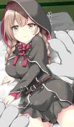  1girl absurdres belt black_capelet black_dress braid breasts brown_belt brown_eyes brown_hair buttons capelet dress eyebrows_visible_through_hair hair_ribbon highres hood hooded_capelet kantai_collection large_breasts long_hair long_sleeves paws pleated_dress red_ribbon ribbon ryuki_(ryukisukune) shinshuu_maru_(kantai_collection) smile solo_focus twin_braids 