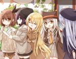 5girls :d animal_ears animal_hat aran_sweater bangle bangs beanie beret black_dress black_headwear black_legwear black_skirt blonde_hair blue_eyes blue_hair blush bracelet brown_coat brown_eyes brown_hair brown_headwear brown_shorts brown_sweater closed_mouth coat collared_shirt commentary_request dress eyebrows_visible_through_hair fake_animal_ears grey_jacket grey_shirt grey_skirt hair_between_eyes hair_ornament hand_on_another&#039;s_shoulder hat holding jacket jewelry long_hair long_sleeves multiple_girls necktie open_mouth orange_neckwear original parted_lips pennant pleated_skirt profile purple_hair shirt short_shorts shorts skirt sleeves_past_wrists smile string_of_flags sweater thigh-highs very_long_hair white_hair wide_sleeves x_hair_ornament yuuhagi_(amaretto-no-natsu) 