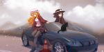  2girls alternate_costume artist_name belt black_cat black_footwear black_headwear black_jacket black_legwear blonde_hair blurry blurry_background brown_eyes brown_hair car cat clouds convertible dated depth_of_field furahata_gen grey_sky grin ground_vehicle hair_blowing hat hat_ribbon highres jacket leaning_forward light_particles loafers long_hair looking_at_viewer maribel_hearn miniskirt mob_cap motor_vehicle mountain multiple_girls on_vehicle open_clothes open_jacket outdoors pantyhose red_jacket red_shirt red_skirt ribbon road shirt shoes short_hair sitting sitting_on_object skirt smile standing touhou traffic_cone usami_renko vehicle_request very_long_hair violet_eyes white_headwear white_shirt wind 