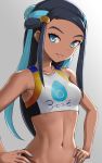  1girl bare_shoulders black_hair blue_eyes blue_eyeshadow blue_hair breasts closed_mouth collarbone dark_skin ear_piercing eyeliner forehead gradient gradient_background grey_background gym_leader hair_bun hands_on_hips hashi jewelry long_hair looking_at_viewer makeup multicolored_hair navel piercing pokemon pokemon_(game) pokemon_swsh rurina_(pokemon) small_breasts smile solo sports_bra sportswear two-tone_hair 