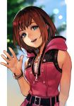  1girl arm_at_side belt blue_eyes blurry blurry_background bracelet hankuri hood hood_down jewelry kairi_(kingdom_hearts) kingdom_hearts kingdom_hearts_iii looking_at_viewer open_mouth redhead short_hair sleeveless smile solo upper_body waving zipper zipper_pull_tab 