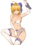  1girl ahoge arm_grab artoria_pendragon_(all) bangs bare_shoulders blonde_hair blue_bow bow bra breasts collarbone commentary_request elbow_gloves eyebrows_visible_through_hair fate/grand_order fate_(series) frown garter_belt gloves green_eyes hair_bow looking_at_viewer panties ponytail revision saber simple_background small_breasts solo_focus thigh-highs tsuki_suigetsu underwear white_background white_bra white_gloves white_legwear white_panties 