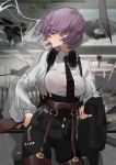  1girl bangs breasts collared_shirt ekitabu_hosii garter_belt garter_straps girls_frontline glass glasses gun headphones headphones_around_neck highres holding holding_gun holding_jacket holding_weapon jacket long_sleeves mouth_hold necktie profile purple_hair red_eyes shirt short_hair smoke smoking solo striped striped_neckwear thompson_(girls_frontline) weapon white_shirt 