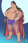  1boy arabagi bara barefoot black_hair blue_background brown_eyes full_body hands_on_hips looking_at_viewer male_focus mawashi muscle navel original_character pectorals simple_background solo standing sumo wristband 