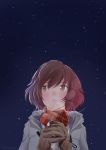  1girl absurdres akiyama_yukari blush brown_eyes brown_gloves brown_hair can canned_coffee girls_und_panzer gloves grey_jacket highres jacket looking_away oze_(xyz_go_go11) red_gloves red_scarf scarf short_hair sky solo star_(sky) starry_sky twitter_username upper_body 