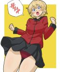  1girl aono3 ass_visible_through_thighs bangs black_skirt blonde_hair blue_eyes blush braid catchphrase clenched_hands commentary darjeeling dutch_angle epaulettes flying_sweatdrops frown girls_und_panzer head_tilt highres jacket long_sleeves looking_at_viewer military military_uniform miniskirt open_mouth outside_border panties pantyshot pantyshot_(standing) pleated_skirt red_jacket red_panties short_hair skirt solo st._gloriana&#039;s_military_uniform standing tied_hair translated twin_braids underwear uniform w_arms yellow_background 
