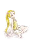  1girl adapted_costume arm_support barefoot blonde_hair closed_mouth cosplay cure_lemonade cure_lemonade_(cosplay) full_body hair_ornament kasugano_urara_(yes!_precure_5) leaning_back long_hair looking_at_viewer miniskirt niita pleated_skirt precure shiny shiny_hair shirt simple_background sitting skirt sleeveless sleeveless_shirt smile soles solo sweatdrop very_long_hair white_background white_skirt yellow_eyes yellow_shirt yes yes!_precure_5 