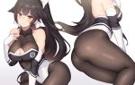  2d ass azur_lane black_hair blush breasts cleavage_cutout fingerless_gloves frown gloves hair_ribbon hand_on_own_chest leotard long_hair looking_at_viewer ribbon takao_(azur_lane) thigh-highs white_background yellow_eyes 