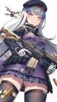  1girl assault_rifle bangs beret black_headwear black_legwear closed_mouth dakunesu facial_mark girls_frontline gloves goggles goggles_around_neck green_eyes gun h&amp;k_hk416 hair_ornament hat highres hk416_(girls_frontline) holding holding_gun holding_weapon jacket long_hair long_sleeves looking_at_viewer pleated_skirt rifle silver_hair simple_background skirt solo thigh-highs weapon white_background white_gloves 