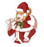  1girl :d ^_^ ^o^ absurdres artoria_pendragon_(all) bangs blonde_hair bow capelet chibi christmas closed_eyes dress fate/extra fate/grand_order fate/stay_night fate_(series) grin hat highres holding long_hair long_sleeves meme nero_claudius_(fate) nero_claudius_(fate)_(all) open_mouth padoru red_dress saber saber_extra saber_extra_(cosplay) sack santa_costume santa_hat smile solo type-moon ufotable veter0 