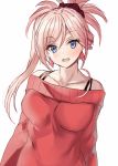  :d alternate_costume bangs bare_shoulders blue_eyes breasts casual eyebrows_visible_through_hair fate/grand_order fate_(series) hair_ornament hair_scrunchie harimoji looking_at_viewer medium_breasts miyamoto_musashi_(fate/grand_order) off-shoulder_sweater off_shoulder open_mouth pink_hair ponytail purple_scrunchie red_sweater scrunchie simple_background smile sweater swept_bangs white_background 