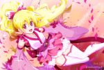  1girl 2016 :d anmitsu_komachi blonde_hair boots bow collarbone cosplay cure_fortune cure_fortune_(cosplay) cure_peach dated detached_sleeves floating_hair fresh_precure! frilled_kimono frills hair_bow happinesscharge_precure! japanese_clothes kimono layered_skirt long_hair long_sleeves looking_at_viewer miniskirt momozono_love niita open_mouth outstretched_arms outstretched_hand pink_bow pink_skirt pink_sleeves pleated_skirt precure red_eyes skirt sleeveless sleeveless_kimono smile solo sparkle thigh-highs thigh_boots twitter_username very_long_hair white_footwear white_kimono white_skirt wide_sleeves zettai_ryouiki 