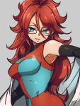  1girl android_21 black-framed_eyewear blue_eyes breasts checkered checkered_dress dragon_ball dragon_ball_fighterz dress earrings glasses grey_background hair_between_eyes hoop_earrings jewelry kemachiku labcoat large_breasts long_hair looking_at_viewer redhead simple_background smile solo 