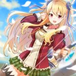  1girl alisa_reinford blonde_hair blurry bow bow_(weapon) breasts brown_legwear clouds cloudy_sky coat cowboy_shot day depth_of_field dutch_angle eiyuu_densetsu eyebrows_visible_through_hair feathers hair_feathers hair_ribbon hand_in_hair long_hair long_sleeves medium_breasts miniskirt official_art open_mouth outdoors petals plaid plaid_skirt pleated_skirt red_eyes retsuna ribbed_sweater ribbon sen_no_kiseki sidelocks skirt sky smile solo sweater thigh-highs thighs turtleneck twintails uniform weapon wind zettai_ryouiki 