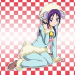  arm_support bell blue_pants blue_shirt brown_footwear checkered checkered_background closed_mouth fur-trimmed_pants fur-trimmed_sleeves fur_trim futari_wa_precure_splash_star horns long_hair long_sleeves looking_at_viewer mishou_mai neck_ribbon niita pants precure purple_hair ribbon shiny shiny_hair shirt sitting smile violet_eyes white_ribbon 