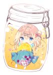  1girl bangs blonde_hair blue_eyes blue_hair blue_kimono blush bottle chibi commentary_request eyebrows_visible_through_hair floral_print food fruit hair_between_eyes hair_ornament hairclip in_bottle in_container japanese_clothes kimono knees_up lemon lemon_slice long_sleeves looking_at_viewer mayu_(yuizaki_kazuya) multicolored_hair object_hug one_side_up open_mouth original print_kimono simple_background solo star tabi two-tone_hair white_background white_legwear yuizaki_kazuya 