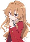  1girl aisaka_taiga brown_hair closed_mouth eyebrows_visible_through_hair hair_between_eyes ixy long_hair long_sleeves looking_at_viewer oohashi_high_school_uniform red_eyes school_uniform shirt simple_background solo toradora! upper_body white_background white_shirt 