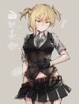  ! 1girl belt belt_buckle blonde_hair buckle cowboy_shot girls_frontline gloves green_eyes miniskirt mishima_hiroji shirt short_hair short_sleeves short_twintails skirt solo striped striped_skirt striped_vest twintails weight_conscious welrod_mk2_(girls_frontline) white_shirt 