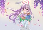  1girl absurdres animal_ears backlighting bouquet dress flower highres long_hair looking_at_viewer petals purple_hair rabbit_ears reisen_udongein_inaba ribbon smile solo t-m-m touhou twintails violet_eyes white_background white_dress white_ribbon 