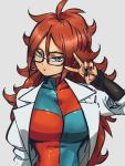  1girl android_21 black-framed_eyewear blue_eyes breasts checkered checkered_dress dragon_ball dragon_ball_fighterz dress earrings glasses grey_background hair_between_eyes hoop_earrings jewelry kemachiku labcoat large_breasts long_hair looking_at_viewer redhead simple_background solo v 