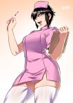  1girl black_hair blue_eyes breasts clipboard dress hat highres looking_at_viewer medium_breasts nurse nurse_cap open_mouth original panties pantyshot pantyshot_(standing) pink_dress ryuusei&#039;s_short-haired_girl ryuusei_(mark_ii) short_dress short_hair side_slit skindentation solo standing thermometer thick_thighs thigh-highs thighs underwear white_legwear white_panties zettai_ryouiki 