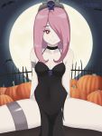  1girl bat black_dress breasts brown_hair covered_navel dress eyebrows_visible_through_hair fence full_moon groin hair_over_one_eye halloween highres little_witch_academia long_hair looking_at_viewer medium_breasts moon night night_sky outdoors parted_lips pumpkin red_eyes setrakian_draws shiny shiny_hair shiny_skin sky smile solo spread_legs star_(sky) sucy_manbavaran teeth 