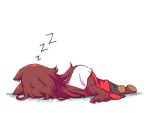  1girl animal_ears boots brown_footwear brown_hair dress facing_away from_behind imaizumi_kagerou long_hair lying on_side red_skirt simple_background skirt sleeping solo tail touhou white_background white_dress wolf_ears wolf_tail wool_(miwol) zzz 