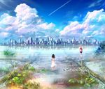  1girl artist_request black_hair building city clouds cloudy_sky fish lily_pad ocean reflection road_sign sign sky wading water 