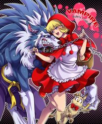  1boy 1girl apple basket blonde_hair blue_eyes bulleta collar dog dress food fruit gallon highres knife little_red_riding_hood_(cosplay) little_red_riding_hood_(grimm) miru_(mill_36) red_dress vampire_(game) werewolf 