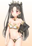  1girl absurdres artist_name bangs bare_shoulders black_hair blush breasts collarbone commentary_request crown earrings eyebrows_visible_through_hair fate/grand_order fate_(series) hair_ribbon highres hoop_earrings ishtar_(fate/grand_order) jewelry long_hair looking_at_viewer medium_breasts navel open_mouth parted_bangs red_eyes ribbon signature simple_background smile solo two_side_up user_rrhj8372 white_background 