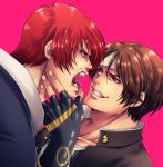 2boys fingerless_gloves gloves hand_on_another&#039;s_face headband highres kusanagi_kyou miru_(mill_36) multiple_boys open_mouth redhead school_uniform sharp_teeth short_hair smirk teeth the_king_of_fighters tongue tongue_out yagami_iori 