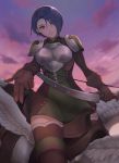  1girl alternate_costume armor blue_hair boots bow_(weapon) clouds cloudy_sky dress feathered_wings feathers fire_emblem fire_emblem:_three_houses gloves hair_over_one_eye highres namerow_chang shamir_nevrand sky solo thigh-highs violet_eyes weapon wings 