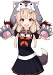  1girl :d absurdres animal_hood black_serafuku black_skirt blonde_hair commentary_request eyebrows_visible_through_hair hair_flaps hair_ornament hairclip highres hood ichi kantai_collection long_hair looking_at_viewer neckerchief open_mouth paws pleated_skirt red_eyes red_neckwear remodel_(kantai_collection) revision school_uniform serafuku short_sleeves simple_background skirt smile solo standing underwear v-shaped_eyebrows white_background yuudachi_(kantai_collection) 