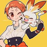  1girl :d artist_name blush do_m_kaeru fire_emblem fire_emblem:_three_houses garreg_mach_monastery_uniform gen_8_pokemon leonie_pinelli one_eye_closed open_mouth orange_eyes orange_hair pokemon pokemon_(creature) pokemon_(game) pokemon_swsh scorbunny short_hair smile 