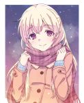  1girl bang_dream! bangs blonde_hair breath brown_coat brown_scarf coat e20 half_updo hands_up long_hair long_sleeves looking_at_viewer plaid plaid_scarf scarf shirasagi_chisato smile snowing solo upper_body violet_eyes winter_clothes 