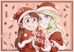  2girls alternate_costume blonde_hair blue_eyes brown_hair christmas couple diana_cavendish grin hat holding_hands kagari_atsuko little_witch_academia long_hair multiple_girls open_mouth red_eyes santa_hat smile teeth tonton_(mathcaca24) yuri 