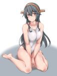  1girl alternate_costume between_legs black_hair breasts brown_eyes collarbone competition_swimsuit covered_navel hair_ornament hairband hairclip hand_between_legs haruna_(kantai_collection) headgear highleg highleg_swimsuit highres kantai_collection large_breasts long_hair nn_tasu one-piece_swimsuit remodel_(kantai_collection) sitting solo swimsuit wariza white_swimsuit 