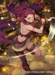  1girl boots brown_eyes coin dagger dark_skin facial_mark fire_emblem fire_emblem:_three_houses fire_emblem_cipher fur_trim jewelry kureta_(nikogori) long_hair midriff necklace official_art petra_macneary ponytail purple_hair solo thigh-highs weapon 