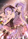  2girls :d :p arm_up bangs bell_(oppore_coppore) black_dress black_footwear black_legwear black_wings chain closed_mouth commentary_request dress euryale eyebrows_visible_through_hair fate/hollow_ataraxia fate_(series) feathered_wings frills glint glowing grey_dress grey_footwear grey_legwear head_wings headphones highres holding long_hair matching_outfit microphone_stand multiple_girls open_mouth parted_bangs purple_hair shoes smile standing standing_on_one_leg stheno thigh-highs tongue tongue_out twintails very_long_hair violet_eyes white_wings wings 